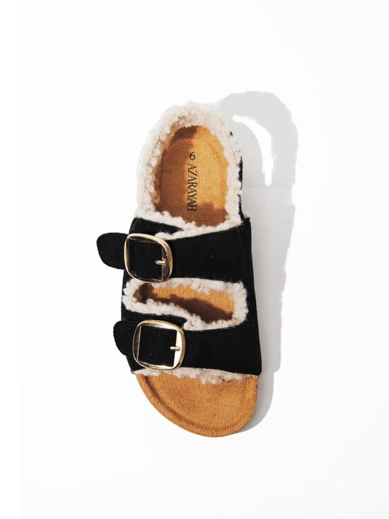 Shoes - BLACK Footbed Comfort Faux Teddy Fur Buckle Slide Slipper Sandals